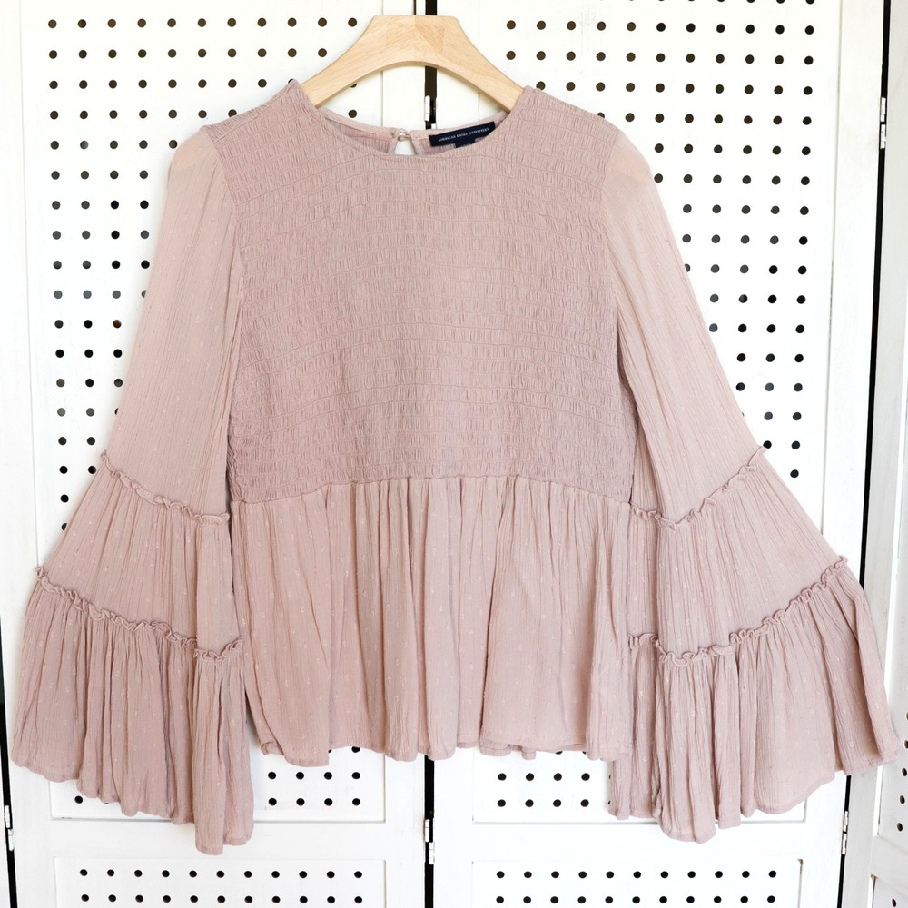 American Eagle Outfitters Pink Smocked Bell Sleeve Top Womens SIZE S